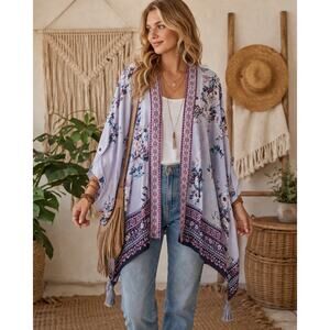 Knox Rose Target Kimono XS/S Blue Pink Floral Tassel Boho Festival Cardigan